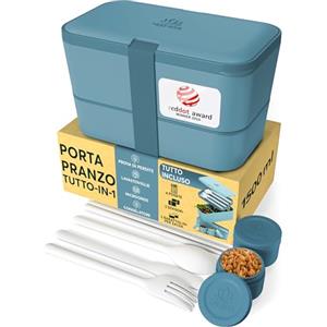 Umami Porta Pranzo Lunch Box Impilabile Con 4 Scomparti E Posate, Sicuro Per Microonde, Lavastoviglie, Portapranzo Ufficio, Bento Lunchbox Ermetico Per Adulti, Schiscetta Pranzo, Menta Blu,1500 ml