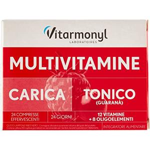 Vitarmonyl Multivitamine Carica - Integratore Multivitaminico - Vitamine e Oligoelementi (Ferro, Magnesio, Guaranà) - Difese Immunitarie - 24 Compresse Effervescenti - Gusto Lampone e Ribes Nero - Vitarmonyl