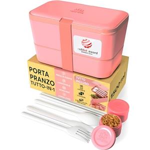 Umami Porta Pranzo Lunch Box Impilabile Con 4 Scomparti E Posate, Sicuro Per Microonde, Lavastoviglie, Portapranzo Ufficio, Bento Lunchbox Ermetico Per Adulti, Schiscetta Pranzo, Corallo Rosa,1500 ml