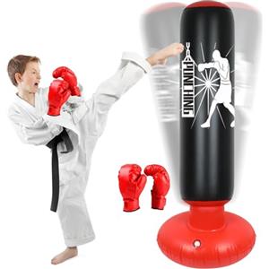 Qoosea Sacco da Boxe per Bambini, 160cm Stabile Pungiball Bambini Gonfiabile con Guantoni da Boxe, Pratica di Taekwondo Karate Attrezzatura da Allenamento MMA, Regalo per 3-12 Ragazzi Ragazze