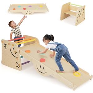 RELAX4LIFE All in 1 Set di Arrampicata con Scivolo e Sgabello per Bambini, Parco Giochi in Legno, Scala da Arrampicata Montessori Pieghevole per Bambini 1-5 Anni