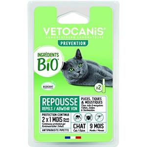 Vetocanis - Pipette antiparassitario per gatti > di 9 mesi - Repellente per pulci, zecche e zanzare - BIO - Antipulci gatto Made in France - Trattamento per gatti di tutte le razze - 2 mesi di cura