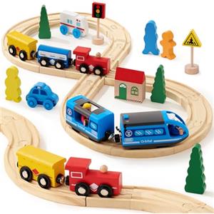 Atoylink Treno Giocattolo per Bambini, Trenino Legno Bambini con Pista Macchinine Treni Magnetici in Legno Locomotiva ad Azione a Batteria, Giocattolo Educativo Rgali per Ragazze Ragazzi 3 4 5 6 anni