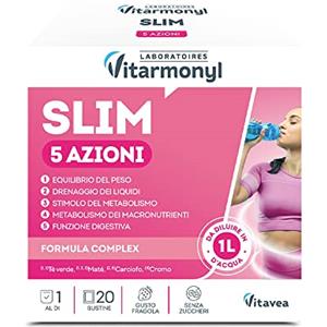 Vitarmonyl Slim 5 Azioni - Integratore Detox e Drenante Forte - Controllo del Peso - Stimola Metabolismo - 5 Ingredienti (Tè Verde, Mate, Vitamina C) - Gusto Fragola - Senza Zuccheri - 20 Bustine - Vitarmonyl