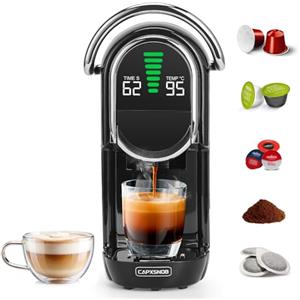 CAPXSNOB Magician1 Mini Macchina da Caffè Cialde 5in1 per Nespresso Originali, Dolce Gusto, Lavazza A Modo Mio Capsula, ESE 44mm Cialde e Caffè Macinato, 20 Bar, 1450W, Display LED, Acqua Regolabili 7 Livelli