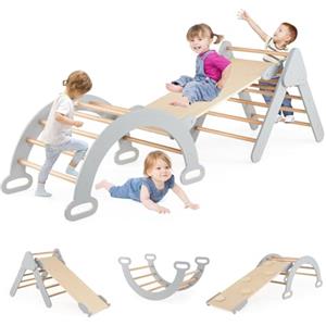 RELAX4LIFE 4 IN 1 Set di Triangolo da Arrampicata per Bambini, Triangolo+Scivolo+Arco Arrampicata, Palestra Montessoriana per Bambini, 1+ Anni (Grigio)
