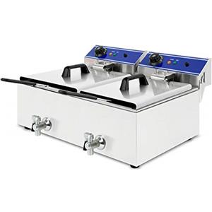 VERTES Friggitrice in acciaio inox 2x 10L, 6000W, 230V, principio della zona fredda, temperatura regolabile in continuo 50-200°C, rubinetto di scarico, 2 cestelli per frittura, pulsante di reset