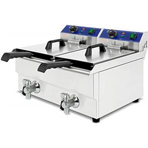 VERTES Friggitrice in acciaio inox 2x 17L, 6000W, 230V, principio della zona fredda, temperatura regolabile in continuo 50-200°C, rubinetto di scarico, 2 cestelli per frittura, pulsante di reset