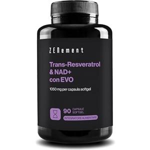 Zenement Trans-Resveratrolo & NAD+ con Olio Extravergine di Oliva, 1055 mg per Softgel, Alto Assorbimento e Formula Sinergica, 90 Softgel per 3 Mesi, Anti-invecchiamento, Attivatore delle Sirtuine - Zenement