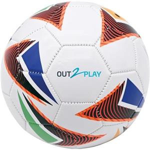 OUT2PLAY Pallone da calcio, motivo geometrico multicolore, bianco con accenti viola e arancione