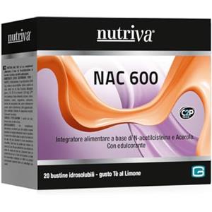 NUTRIVA NAC 600, Integratore Alimentare per Raffreddore, Muco, Naso Chiuso, con N-acetilcisteina, Acerola, Vitamina C, Antiossidante e Fluidificante, 20 Bustine, Gusto The al Limone
