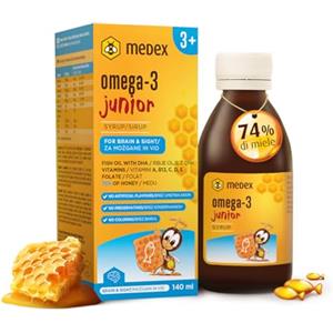 Medex Omega 3 Junior Sciroppo, a base di miele 74%, 250 mg di DHA e 50 mg di EPA; aggiunta di vitamine A, B12, C, D, E, acido folico, per bambini dai 3+, 140 ml