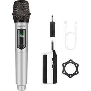 Talomen Microfono Wireless,Microphone Portatile a 2.4 GHz,Microfoni karaoke professionale,Sistema di microfoni dinamici con Ricevitore Ricaricabile,kit 2 microfoni per Karaoke,Festa,Canto K601Argenteo