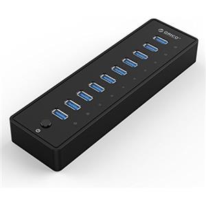 ORICO 10 Portes Hub USB 3.0 con Interruttore di Alimentazione e Adattatore di Alimentazione 45W (12V4A), Hub Dati a 5 Gbps di Alta Velocità per PC Desktop Computer Notebook MacBook iMac