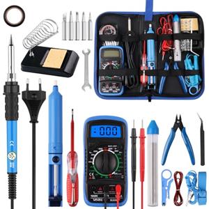 Ultralent Set di saldatori da 60 W con 5 punte intercambiabili, temperatura regolabile, multimetro digitale, supporto per saldatore, pompa dissaldante, borsa per attrezzi portatile