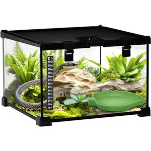PawHut Terrario per Rettili Rialzato con Serratura e Porta per Alimentazione, Terrario per Tartarughe e Serpenti in Vetro e Rete Metallica, 30x30x20 cm, Nero