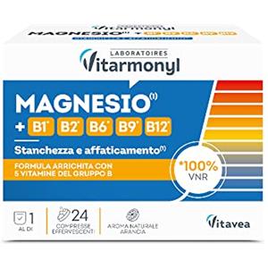 Vitarmonyl Magnesio e Vitamine Gruppo B - 24 Compresse Effervescenti | Magnesio e B1, B6, B9, B12 - Riduce Stanchezza e Affaticamento, Per Energia e Ricarica - Senza Glutine, Vegano