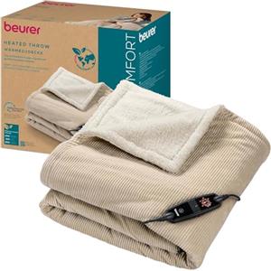Beurer Coperta termica elettrica HD 80 Cord beige con 6 livelli di temperatura, materiali riciclati, con spegnimento automatico e sistema di sicurezza, coperta in morbido tessuto a coste alla moda