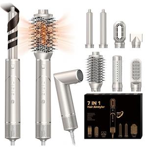 UKLISS Asciugacapelli Ionico Professionale 7 in 1 [110,000 RPM] Set Styling Capelli con Spazzola Arricciacapelli Automatica, Pettine Lisciante e Accessori, 3 Livelli Temperatura e Velocità, 1200W, Oro