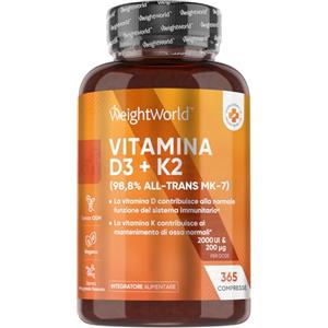 WeightWorld Vitamina D3 K2 Vegana All-Trans MK-7, 1 al Giorno, Vit D 2000UI + 200μg di Menachinone, Vitamina K Contribuisce al Mantenimento di Ossa Normali (EFSA), 365 Compresse (1 Anno), Senza Magnesio Stearato
