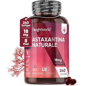 WeightWorld Astaxantina con 18mg per 1 Softgel Vegan, Contiene 240 Capsule Piccole e Molli, (Fornitura di 8 Mesi), Astaxantina Pura Naturale da Microalghe Haematococcus Pluvialis, Senza Magnesio Stearato e OGM