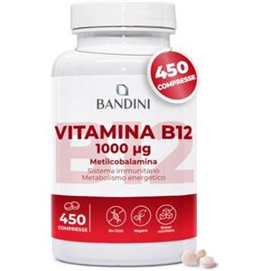 Bandini® Vitamina B12 450 Vegan (Scorta +14 Mesi), Metilcobalamina 1000µg, Compresse Vegane al 100%, Vitamine B 12 per il Sistema Immunitario, Vit B Metabolismo energetico, Stanchezza Fisica e Mentale