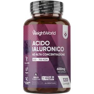 WeightWorld Acido Ialuronico Vegano, 600mg, 120 Capsule, 1 al Giorno, 500-700 kDa | 4 Mesi di Fornitura, Acido Ialuronico Integratore da Sodio Ialuronato, Hyaluronic Acid, Privo di Magnesio Stearato e Glutine