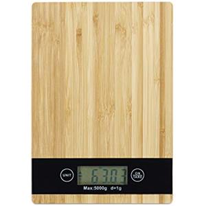 Relaxdays Bilancia da Cucina Digitale Bambù, Display LCD, Touch, Funzione Tara, Portata Massima 5 kg, Pesa Alimenti, L x P: 23 x 16 cm, Marrone Chiaro
