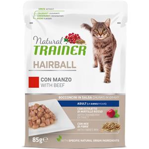 Trainer Natural Gatto Hairball con Manzo - Alimento Umido Completo per Gatti Adulti da 1 Anno, 85g