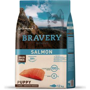Bravery Puppy Salmone 12kg - Crocchette Grain Free per Cuccioli di Taglia Media e Grande, Monoproteiche e Ipoallergeniche