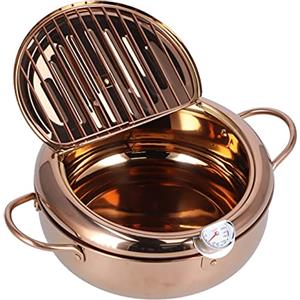 Tissting Pentola per Friggitrice, Piccola Friggitrice per Tempura Giapponese, Friggitrice in Acciaio Inossidabile con Termometro Pentola per Friggere Antiaderente da 3,4 Litri Accessorio (Oro rosa)