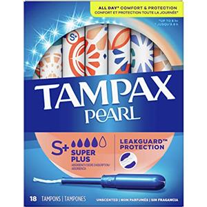 Tampax Pearl Plastic Unscented Tampons, Super Plus, 18 Count