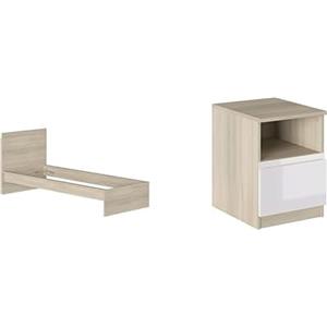 Iconico Home Bundle MIK Struttura Letto Singolo con testiera portaoggetti, 90x200 cm + Comodino Modern con cassetto e vano a giorno, 40x44,5xh53,5 cm, Rovere-Camera da letto-ragazzi-studenti