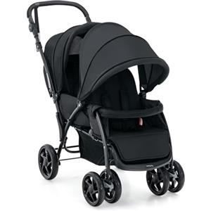 GYMAX Passeggino Gemellare Doppio/Fratelli di Età Diverse, Pieghevole Leggero, Tendalino/Schienale Regolabili, Portata di 15kg+15kg (Verticale, Nero)