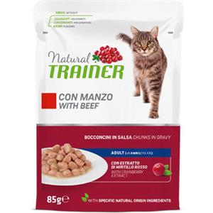 Natural Trainer Cat Adult Manzo Bocconcini in Salsa 85 g - Alimento Completo per Gatti Adulti con Estratto di Mirtillo Rosso