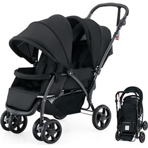 RELAX4LIFE Passeggino Pieghevole Gemellare con Ruote Universali, 2 Cintura di Sicurezza a 5 Punti, 2 Tettoie Regolabili, Maniglia Regolabile per Neonati 0-36 Mesi (NERO)