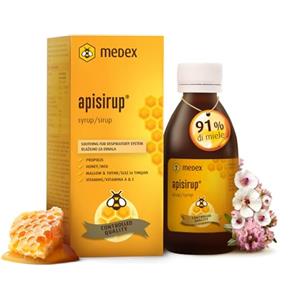 Medex Apisirup con propoli, 91% di miele, per benessere della gola secca, gusto eccellente, con vitamina A, C, malva e timo 140 ml