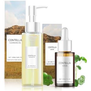 Allony 2 Pezzi Centella Cleansing Oil + Siero Centella Asiatica, Olio Struccante Viso e Occhi , Siero Viso Coreano, Centella Asiatica Skincare Lenitivo e Idratante, Pulizia Delicata, Adatto a Tutti i Tipi di