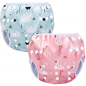 Luxja Riutilizzabile Pannolini da Nuoto (Confezione da 2), Costume Pannolino Lavabili, Impermeabile Pannolino Piscina (0-3 Anni), Fenicottero Rosa + Orso Polare