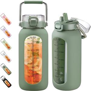 BLUEGO 2L Bottiglia d'acqua in vetro con manico in acciaio inox, manicotto in silicone e cannuccia per palestra, ufficio e sport all'aperto, senza BPA, Verde oliva