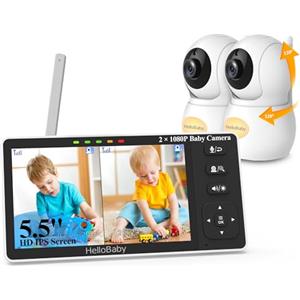 HelloBaby Baby Monitor 2 Telecamere con Baby Camera 1080P, Baby Monitor da 5,5 '' con schermo diviso con fotocamera e visione notturna, No WiFi, Pan-Tilt-Zoom, Luce notturna, Portata 1000 piedi, Audio