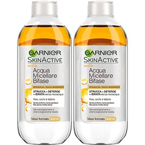Garnier SkinActive Acqua Micellare Bifase per Trucco Waterproof ad Azione Struccante Detergente Idratante Senza Risciacquo per Viso Occhi Labbra con Formula Senza Profumo - 2 Flaconi da da 400ml