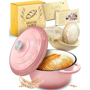 KRUSTENZAUBER Pentola in ghisa smaltata con cestino per la lievitazione - 26 cm pentola smaltata in velluto accessori - ideale come pentola per pane, pane, pane con coperchio, pentola in ghisa per il