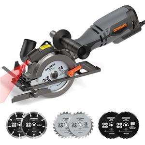 DOVAMAN Sega Circolare per Legno, 710W 115mm Mini Sega Circolare, Maniglia Aggiuntiva, 3500RPM con Laser, 6 Lame, Profondità di Taglio 29-43MM, per Legno, Piastrelle, Metallo Morbido, Plastica