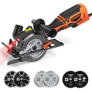 DOVAMAN Sega Circolare per Legno, 710W 115mm Mini Sega Circolare, Maniglia Aggiuntiva, 3500RPM con Laser, 6 Lame, Profondità di Taglio 29-43MM, per Legno, Piastrelle, Metallo Morbido, Plastica