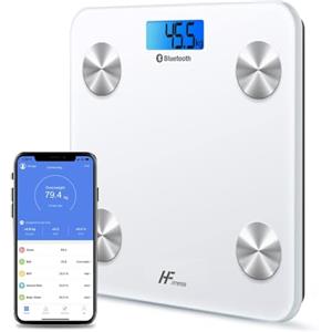 HomeFashion HF Bilancia Pesapersone, Professionale Impedenziometrica Bluetooth Digitale con App Misura Peso Corporeo, Massa Grassa, BMI, Massa Muscolare, Massa Ossea, Proteine (Bianco con retroilluminazione blu)