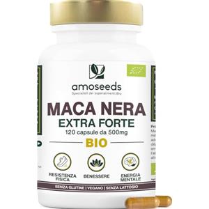 Amoseeds Maca Peruviana Nera BIO, 10 000mg al giorno | Estratto di radice di Maca di Qualità superiore | Equilibrio Ormonale, Energia, Benessere, | 120 Maca Capsule Vegane