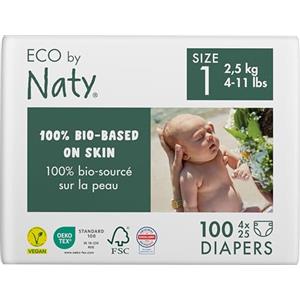 Eco by Naty Pannolini per bambini - Pannolini ecologici a base vegetale, ottimi per la pelle sensibile del bambino e aiutano a evitare le perdite (Taglia 1, 100 unità)