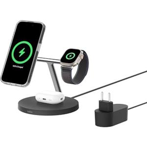 Belkin BoostCharge Caricatore 3 in 1 con Qi2, base di ricarica wireless compatibile con MagSafe, caricatore iPhone 17, Air, Pixelsnap, Apple Watch e AirPods, alimentatore incluso - Nero