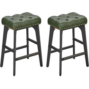 VASAGLE Sgabelli da Bar Set di 2, Sgabelli da Cucina, Rivestimento in PU con Bottoni Trapuntati e Borchie, Gambe in Legno, Altezza 66 cm, Sala da Pranzo, Montaggio Facile, Verde Foresta LBC085C01